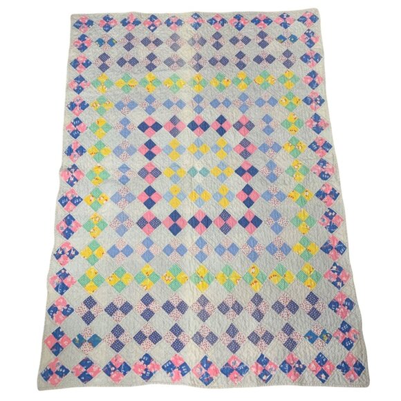 VTG/Antique Handmade Patchwork Quilt Kittens Gingham Checkerboard Blanket Cotton - Picture 1 of 6